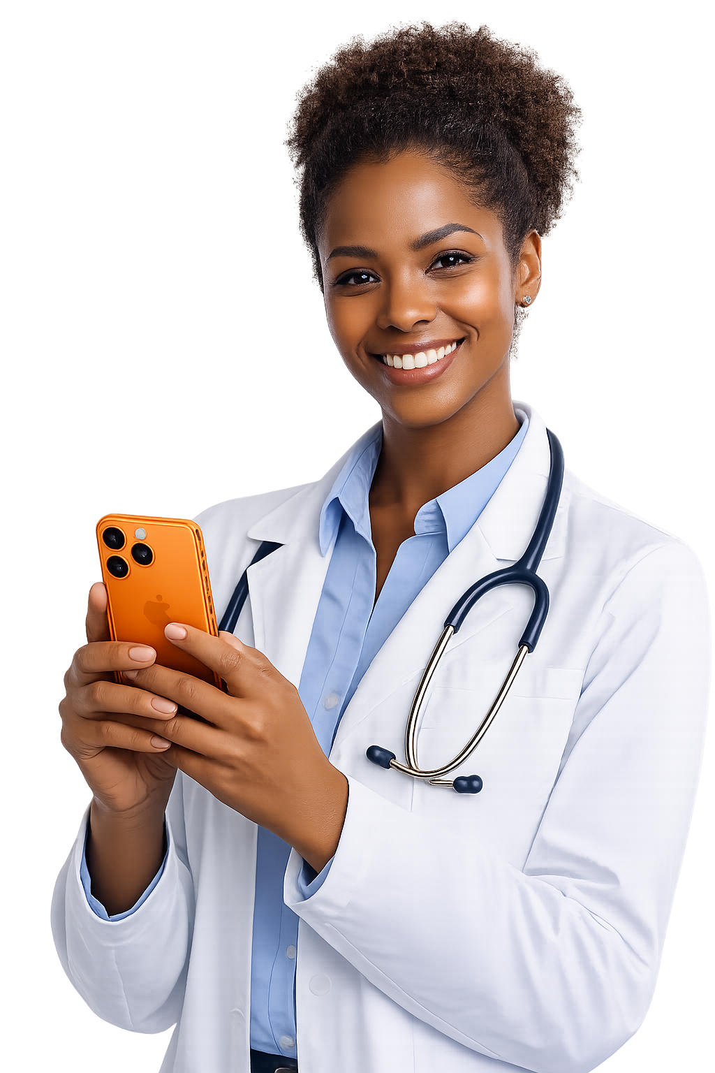 Médica profissional utilizando smartphone para consultas online